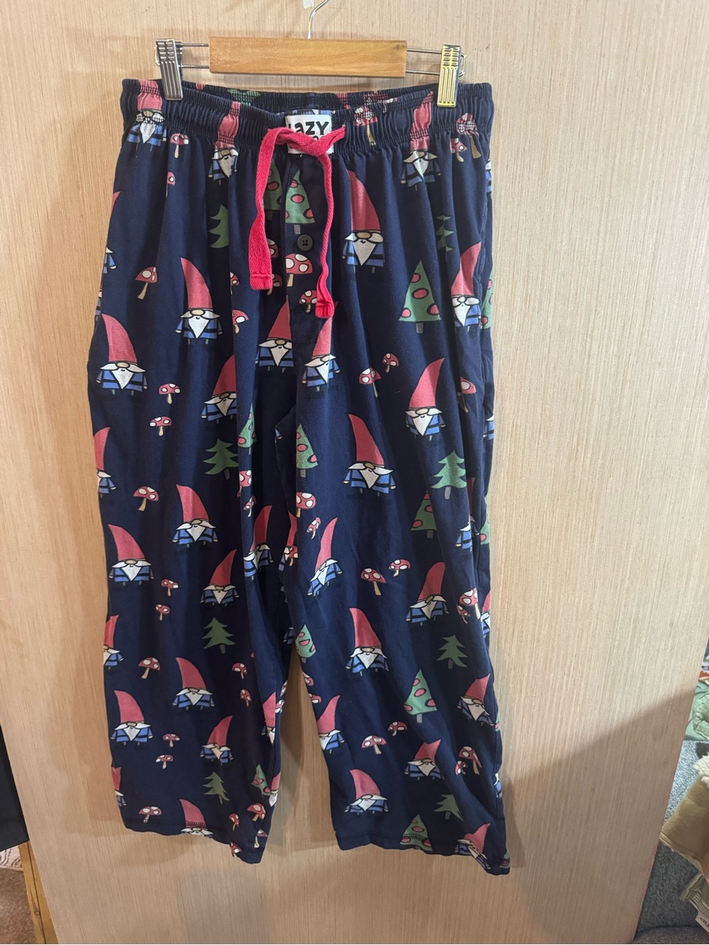 Lazy One Navy Lounge Pants with Red Drawstring and Gnome Print Size Medium